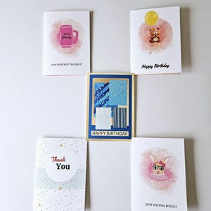 5 biglietti d'auguri in formato A5 per diverse occasioni: biglietto di ringraziamento, biglietto di auguri di buon compleanno, biglietto di buongiorno e biglietto "Keep Shine".