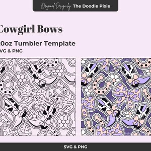 May include: A digital design for a 20oz tumbler template featuring cowgirl bows, boots, and horseshoes. The design is available in SVG and PNG formats. The image shows two versions, one in black and white and the other in purple, pink, and white.
