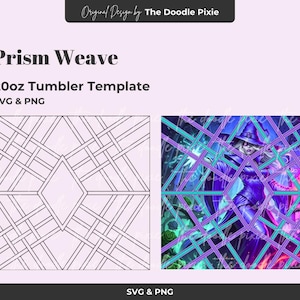 May include: The image showcases a 20oz tumbler template with a "Prism Weave" design. The design features a geometric pattern of intersecting lines, with a witch illustration. The text "SVG & PNG" is included. The design is by "The Doodle Pixie".