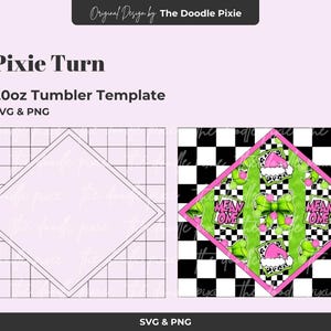 May include: A digital design for a 20oz tumbler template. The design includes a diamond-shaped template and a colorful design with a black and white checkered background, green stripes, and pink accents. The text "MEAN LOME" is visible.