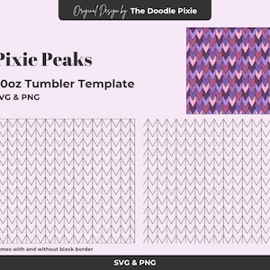 May include: A digital design template for a 20oz tumbler, featuring the text "Pixie Peaks" and "SVG & PNG". The design includes a pattern of purple and pink chevrons, along with two additional chevron patterns. The design is by The Doodle Pixie.