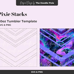 May include: A digital design for a 20oz tumbler template. The design features a purple and blue raven illustration with a castle and lightning in the background. The text "Pixie Stacks" and "SVG & PNG" are also included.