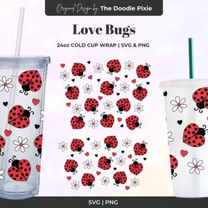 Love Bugs and Daisies, graziosi coccinelle di San Valentino da 24 once in acrilico e tazze fredde Design SVG e PNG, design a globo di neve a doppia parete, a strati, digitale