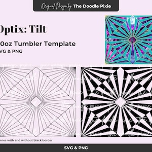 May include: Digital design for a 20oz tumbler, featuring the text "Optix: Tilt" and "SVG & PNG". The image includes a teal, purple, and pink geometric design, along with black and white geometric patterns. The design is by The Doodle Pixie.