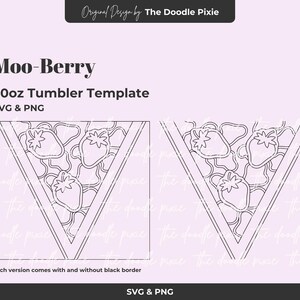 May include: A black and white Moo-Berry 20oz tumbler template design. The design features a triangular shape filled with strawberry outlines and abstract shapes. The text "Moo-Berry" and "20oz Tumbler Template" are displayed.