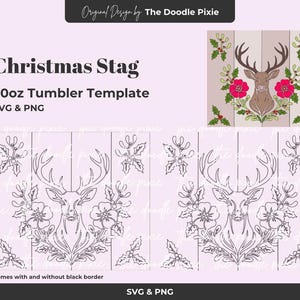 May include: A digital design for a 20oz tumbler template featuring a Christmas stag. The design includes a detailed illustration of a stag with antlers, surrounded by floral and holly elements. The text "Christmas Stag" and "SVG & PNG" are also included.