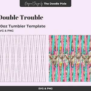 May include: A digital design for a 20oz tumbler template. The design features the text "Double Trouble" and "SVG & PNG". One design shows a black and white geometric pattern, and the other shows a colorful pattern with Highland cows.