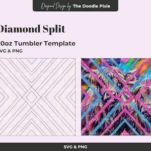 May include: A digital design for a 20oz tumbler template, featuring a geometric diamond split design. The image includes a black and white line drawing and a colorful design with a Highland cow, pink, blue, and glitter accents. Text reads "Diamond Split" and "SVG & PNG".
