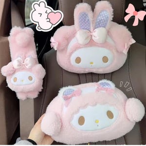 Kawaii Cute Car Seatbelt Cover & Headrest Pillow Cute Plush Car Accessories Pink Bunny Lamb Cartoon Car Decor Soft Seat Belt Cushion