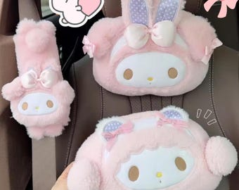 Kawaii Plüsch Auto Gurt Bezug und Kopfstütze Kissen: Rosa Kaninchen und Lamm Dekor