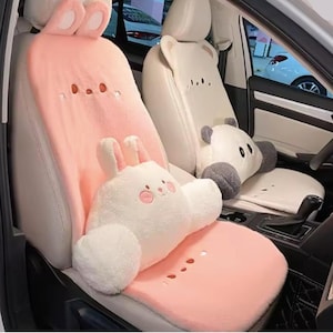 Kawaii Cute Car Seat Cushion – Cute Bunny & Bear Car Accessories, Plush Back Rest, Seat Covers, Car Decor for Comfort and Style Gift