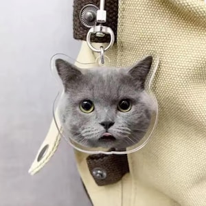 Op de afbeelding: Een heldere acryl sleutelhanger met een grijze kattenkop met uitgestoken tong. De kat heeft grote, ronde gele ogen. De sleutelhanger is bevestigd aan een zilveren metalen sluiting, hangend tegen een beige stoffen achtergrond.
