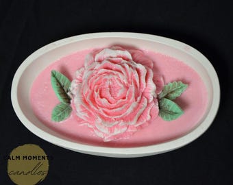 Amber & Vanilla Scented Pink Peony Soy Wax Candle. Concrete Container.