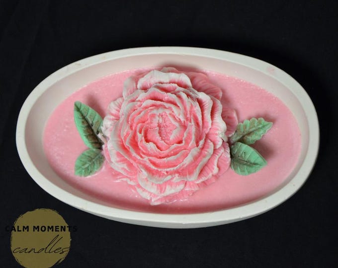 Amber & Vanilla Scented Pink Peony Soy Wax Candle. Concrete Container.