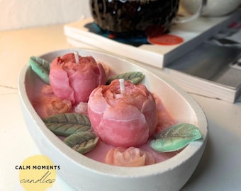 Sweet Orange and Sandalwood Scented Pink Peony Floral Soy Candle in Concrete Container.