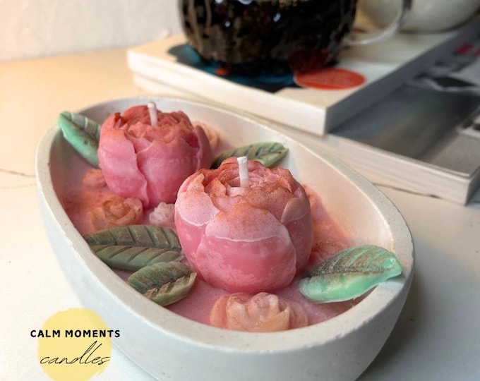 Sweet Orange and Sandalwood Scented Pink Peony Floral Soy Candle in Concrete Container.