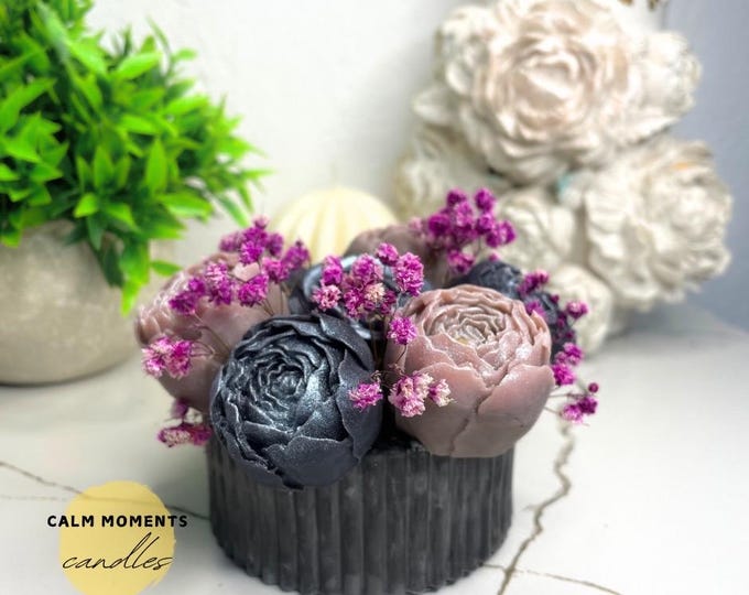 Handmade Vanilla Peony Wax Melt Bouquet | Concrete Jar Floral Candle
