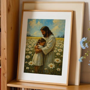 Jesús abraza a una niña: Arte mural cristiano con margaritas en formato PNG, descarga en proporciones ISO de 2-3, 3-4, 4-5 y 8,5 x 11.