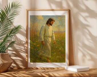 Jesus Wall Decor: Serene Field of Flowers - Digital Art