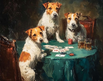 Lámina decorativa de Jack Russell en una noche de póker - Arte mural imprimible de perros (2 de 4)