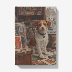Carnet cartonné (5 x 7 pouces) - illustration vintage de Jack Russell dans un magasin de disques | LIVRAISON MONDIALE GRATUITE