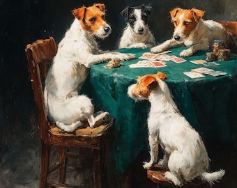 Lámina artística de Jack Russell en una noche de póker: perros traviesos jugando a las cartas (descarga digital).