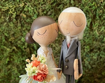 Custom Peg Doll Wedding Cake Topper with Custom Wedding Dress- Custom Keepsake - MilkTea - Personalized - Rustic - Boho