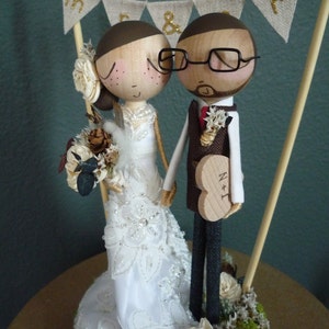 Wedding Cake Topper with Custom Wedding Dress and Flag Bunting Background by MilkTea Rustic/Boho Wedding Peg Doll Cake Topper image 5
