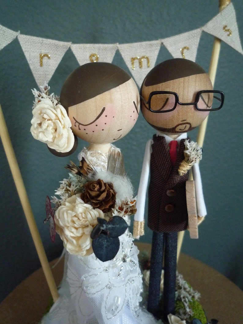Wedding Cake Topper with Custom Wedding Dress and Flag Bunting Background by MilkTea Rustic/Boho Wedding Peg Doll Cake Topper image 1