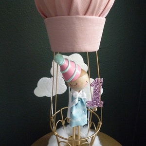 Custom Peg Doll Birthday Cake Topper with Hot Air Balloon, Custom Keepsake image 3