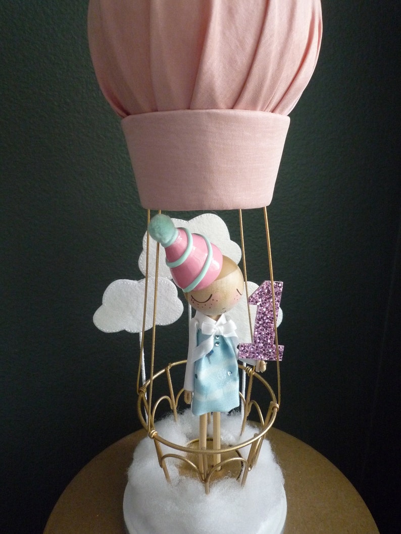 Custom Peg Doll Birthday Cake Topper with Hot Air Balloon, Custom Keepsake image 3