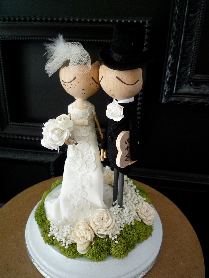 Wedding Cake Topper with Custom Wedding Dress Custom Keepsake by MilkTea Rustic, Boho Wedding Peg Doll Cake Topper image 5