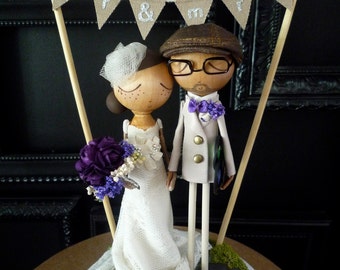 Custom Wedding Cake Topper: Peg Dolls with Dress & Bunting