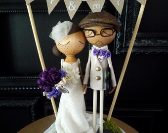 Wedding Cake Topper with Custom Wedding Dress and Flag Bunting Background, Peg Dolls- Custom Keepsake by MilkTea