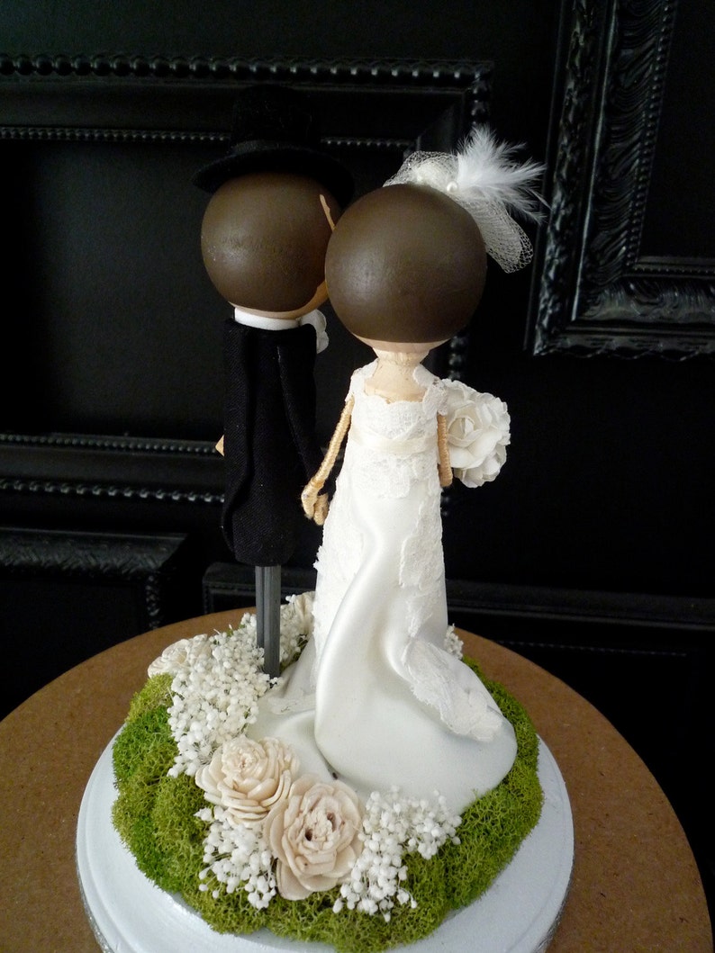 Wedding Cake Topper with Custom Wedding Dress Custom Keepsake by MilkTea Rustic, Boho Wedding Peg Doll Cake Topper image 4