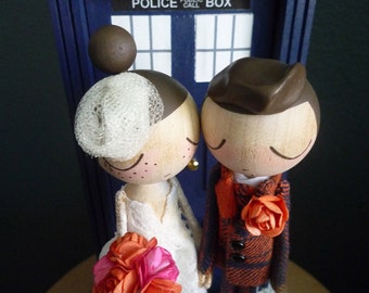 Doctor Who Theme Wedding Cake Topper with Custom Peg Dolls and Wedding Dress by MilkTea