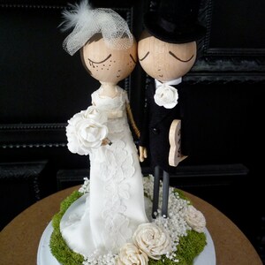 Wedding Cake Topper with Custom Wedding Dress Custom Keepsake by MilkTea Rustic, Boho Wedding Peg Doll Cake Topper image 2