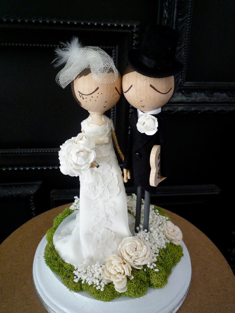 Wedding Cake Topper with Custom Wedding Dress Custom Keepsake by MilkTea Rustic, Boho Wedding Peg Doll Cake Topper image 2