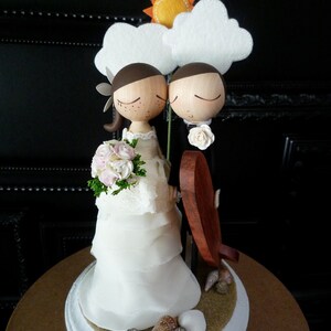 Wedding Cake Topper with Custom Wedding Dress & Beach Theme Keepsake with Custom Peg Dolls-MilkTea image 4