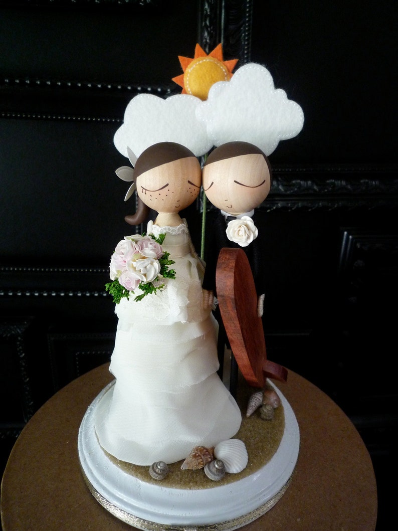 Wedding Cake Topper with Custom Wedding Dress & Beach Theme Keepsake with Custom Peg Dolls-MilkTea image 4