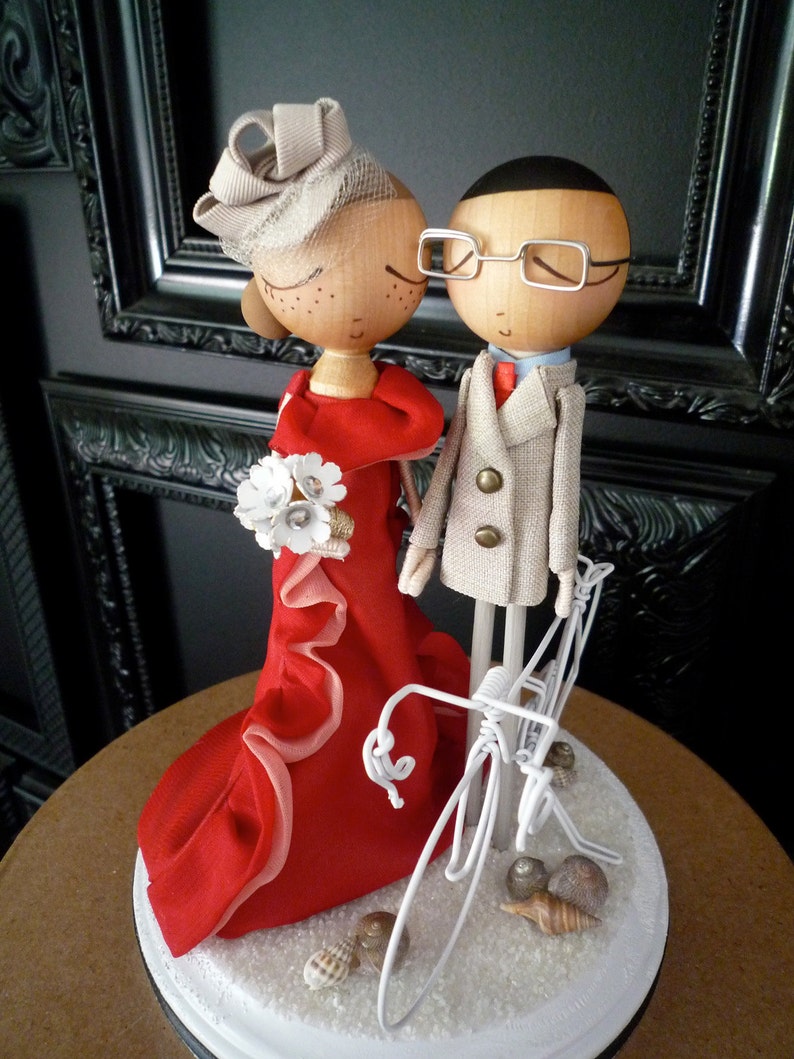 Wedding Cake Topper with Custom Wedding Dress & Beach Theme Keepsake with Custom Peg Dolls-MilkTea image 2