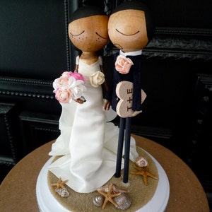 Wedding Cake Topper with Custom Wedding Dress & Beach Theme Keepsake with Custom Peg Dolls-MilkTea image 5