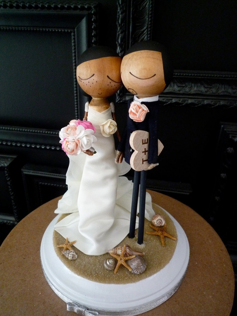 Wedding Cake Topper with Custom Wedding Dress & Beach Theme Keepsake with Custom Peg Dolls-MilkTea image 5