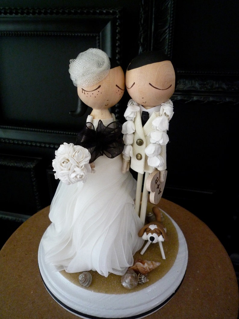 Wedding Cake Topper with Custom Wedding Dress & Beach Theme Keepsake with Custom Peg Dolls-MilkTea image 3