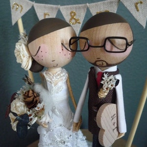 Wedding Cake Topper with Custom Wedding Dress and Flag Bunting Background by MilkTea Rustic/Boho Wedding Peg Doll Cake Topper image 4