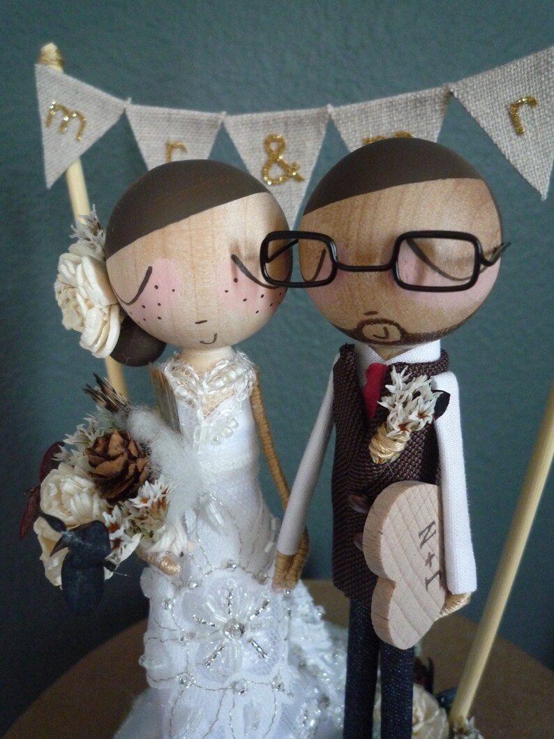 Wedding Cake Topper with Custom Wedding Dress and Flag Bunting Background by MilkTea Rustic/Boho Wedding Peg Doll Cake Topper image 4