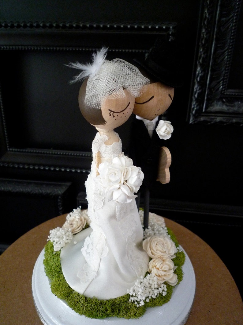 Wedding Cake Topper with Custom Wedding Dress Custom Keepsake by MilkTea Rustic, Boho Wedding Peg Doll Cake Topper image 3