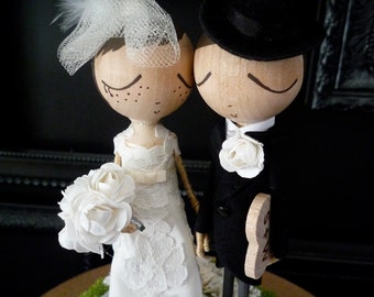 Wedding Cake Topper with Custom Wedding Dress - Custom Keepsake by MilkTea - Rustic, Boho Wedding - Peg Doll Cake Topper
