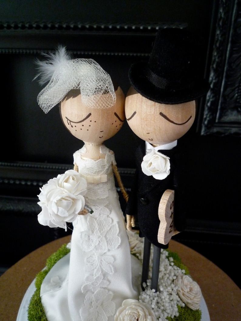 Wedding Cake Topper with Custom Wedding Dress Custom Keepsake by MilkTea Rustic, Boho Wedding Peg Doll Cake Topper image 1