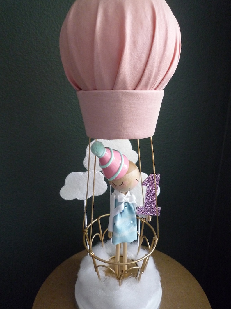 Custom Peg Doll Birthday Cake Topper with Hot Air Balloon, Custom Keepsake image 2